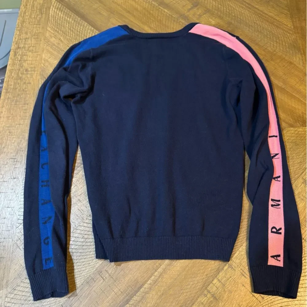 A/X Armani Exchange Women’s V-Neck Sweater in Navy with Pink and Blue Accents